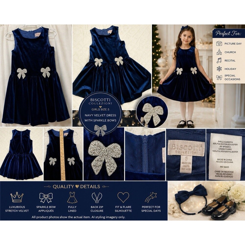 Biscotti Girls 5 Sapphire Blue Velvet Dress Crystal Bows Picture Day Church